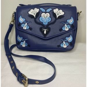 Cynthia Rowley - Blue Floral Embroidered Crossbody Purse Handbag Leather